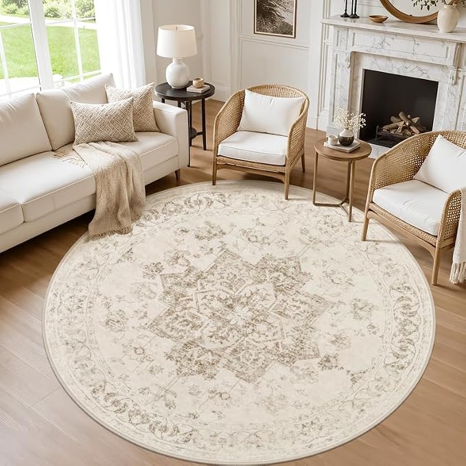 Round Area Rug for Living Room: 6ft Vintage Boho Neutral Washable Circle Rug by Luxturiy