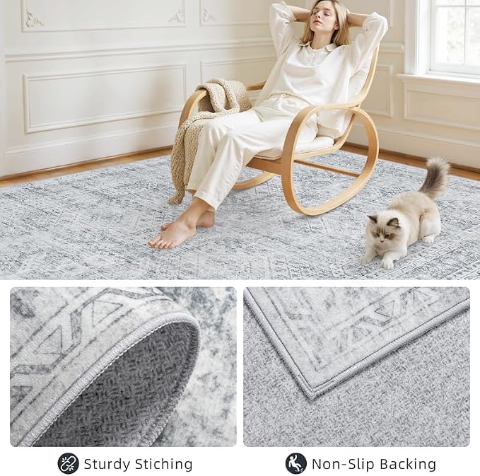 8x10 Area Rugs for Living Room: Vintage Boho Neutral Washable Rug Indoor Soft - Image 4