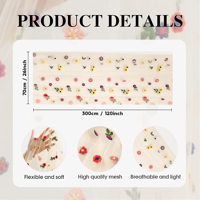 Artoid Mode 3PCS Champagne Embroidery Daisy Gauze Table Runner 120Inch 10FT | - Image 7