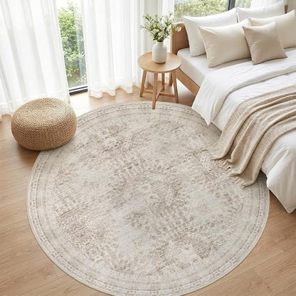 Round Area Rug for Living Room: 6ft Vintage Boho Neutral Washable Circle Rug - Image 4