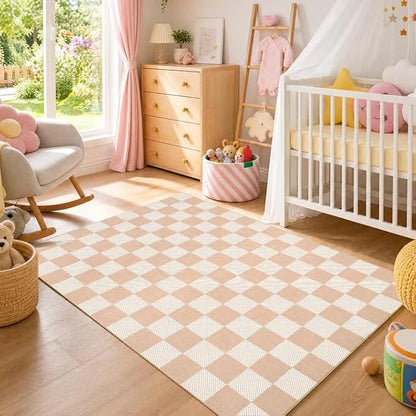 GarveeHome Checkered Blush Beige Neutral Nursery Kids Playroom 3x5 Washable Rug by GarveeHome