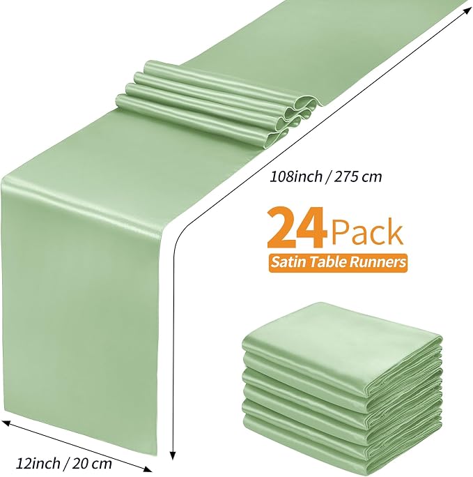SiinvdaBZX 24 Pcs Sage Green Satin Table Runner 12 x 108 inches Long | Bright - Image 4