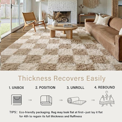 PureCozy Beige 5x8 Area Rugs for Living Room Soft Shag Checkered Large Rug - Image 4