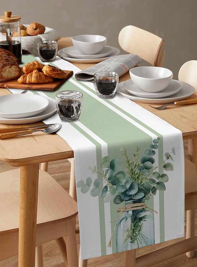 Sage Green Eucalyptus Leaves Table Runners 70 Inches Long, Farmhouse Stripe - Image 3
