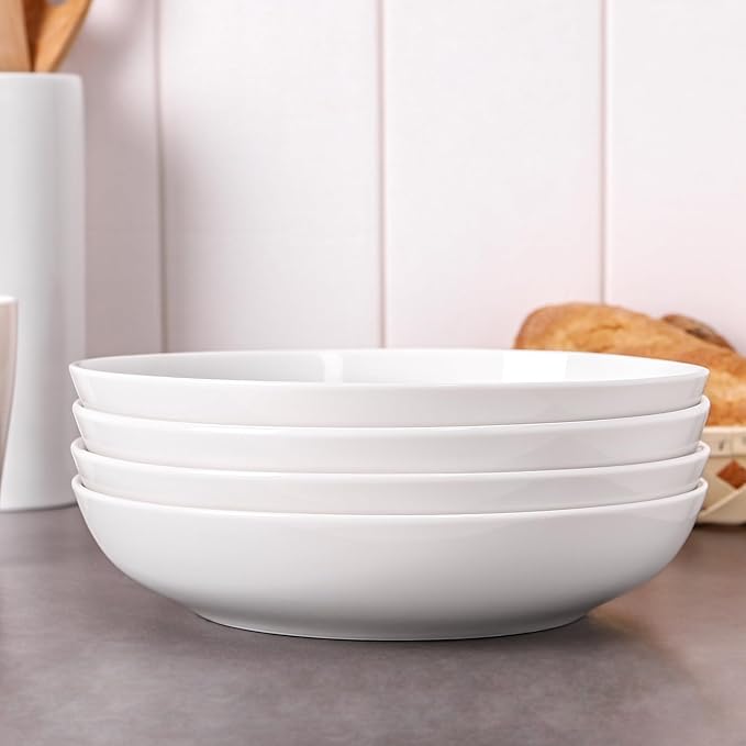 DOWAN 9.75" Pasta Bowls Set of 4, Large Shallow White Ceramic Salad Bowls - Image 6