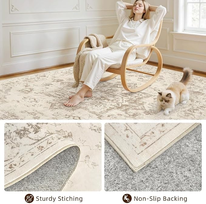 Round Area Rug for Living Room: 6ft Vintage Boho Neutral Washable Circle Rug - Image 7