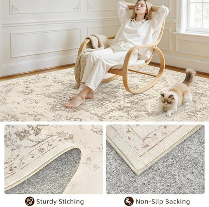 Round Area Rug for Living Room: 6ft Vintage Boho Neutral Washable Circle Rug - Image 7
