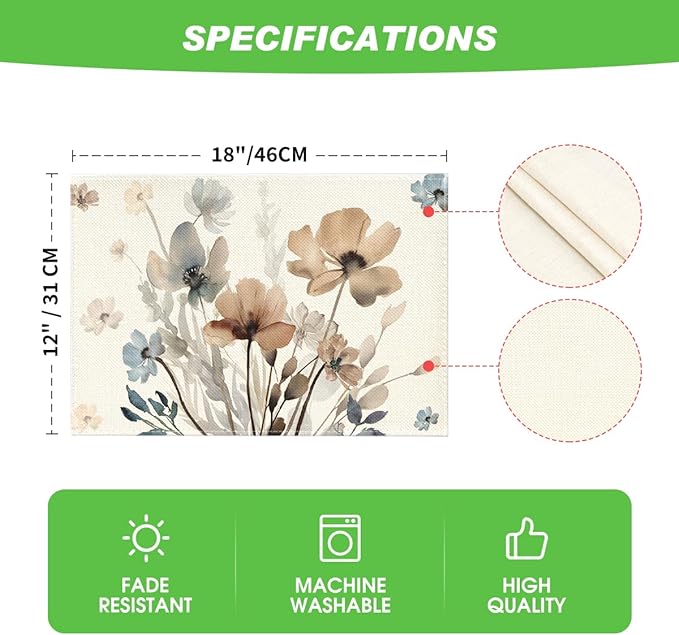 Artoid Mode Brown Poppy Floral Leaves Fall Placemats Set of 4, 12x18 Inch - Image 6