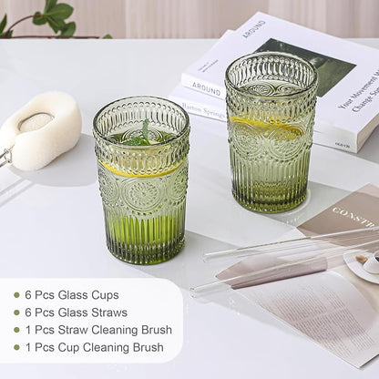 ZMOWIPDL Drinking Glasses Set of 6, 13oz Flower Design Green Glass Cups | - Image 5