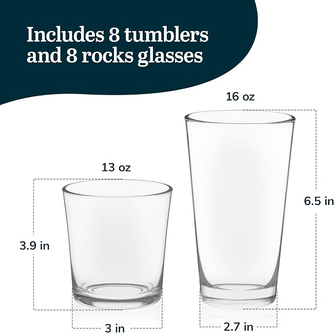 Libbey Preston Tumbler & Rocks Drinking Glasses Set of 16, All-Purpose Cups | - Image 3