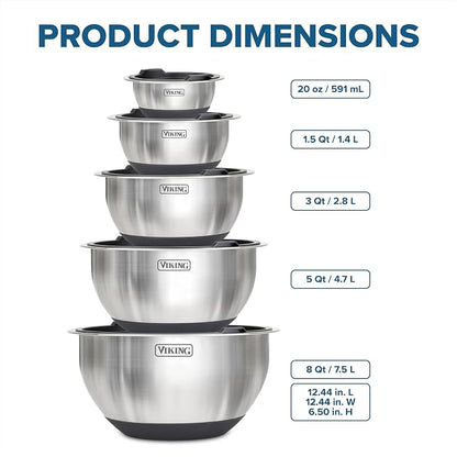 Viking Mixing Bowls Set, 10 Piece Stainless Steel Kitchen Cookware, Non-Slip - Image 5