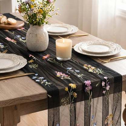 Artoid Mode Wildflower Floral Black Gauze Embroidery Table Runner 120 Inch 10FT - Image 4