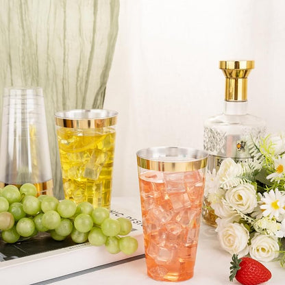 I00000 16 oz Gold Plastic Cups, 100 Pack Clear Plastic Cups Tumblers Gold - Image 2
