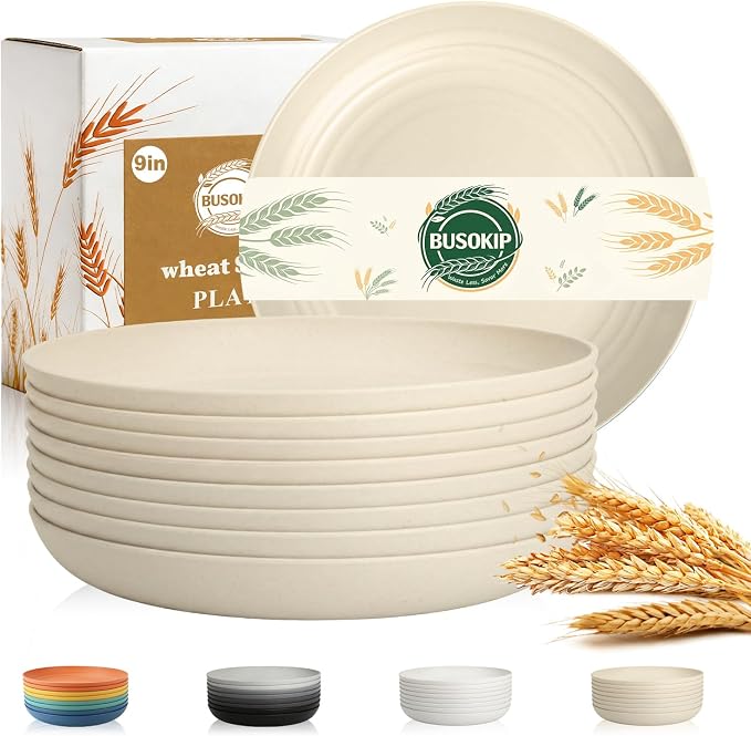 Kitchen Plates Set for 8, Wheat Straw Plate 9 Inch, Unbreakable Party Plates by BUSOKIP
