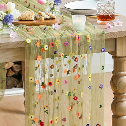 Artoid Mode Green Embroidery Daisy Gauze Table Runner 120 Inch 10FT | Seasonal by ArtoidMode