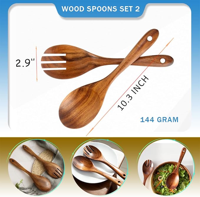 Teak Wooden Salad Spoon and Fork10.2-Inch, Wooden Salad Spoons and Sporks Set - Image 6