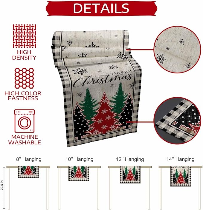 Christmas Trees Table Runner 120 Inches Long, Xmas Snowflake Retro Table - Image 7
