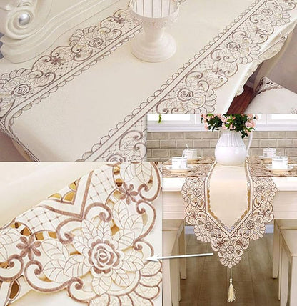 LeLehome Classic Table Runner 15 Inch X 77 Inch, Flower Embroidery Beige Brown - Image 4
