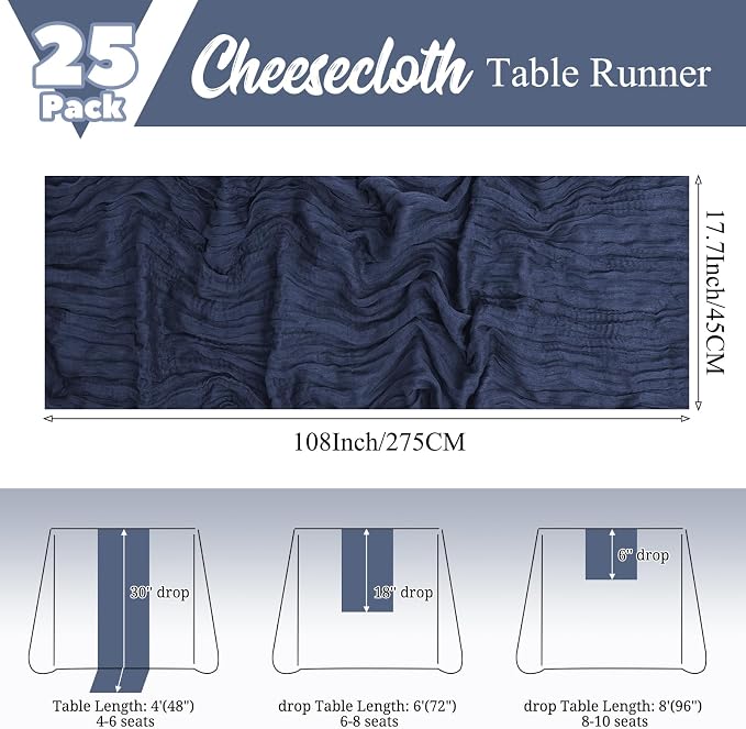 25 Pack Navy Blue Table Runners 17 x 108inch Cheesecloth Table Runner Boho - Image 2