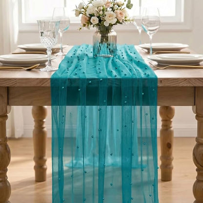Artoid Mode Pearl Teal Gauze Table Runner 120 Inch 10FT, Seasonal Sheer Dining - Image 2