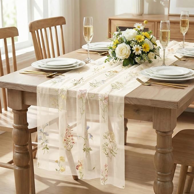 Artoid Mode 3PC Wildflower Floral Beige Apricot Gauze Embroidery Table Runner - Image 2