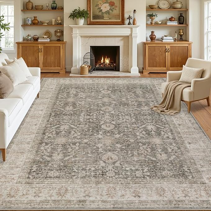Area Rugs 9x12 Living Room: Vintage Boho Neutral Washable Rug Indoor Soft Large by Luxturiy