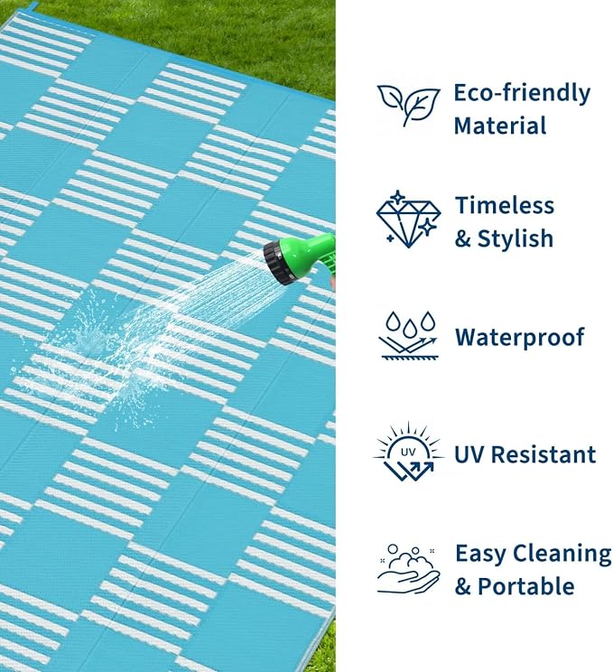Garvee Waterproof Outdoor Rug 9x12, Checkered Foldable Plastic Straw Patio - Image 2