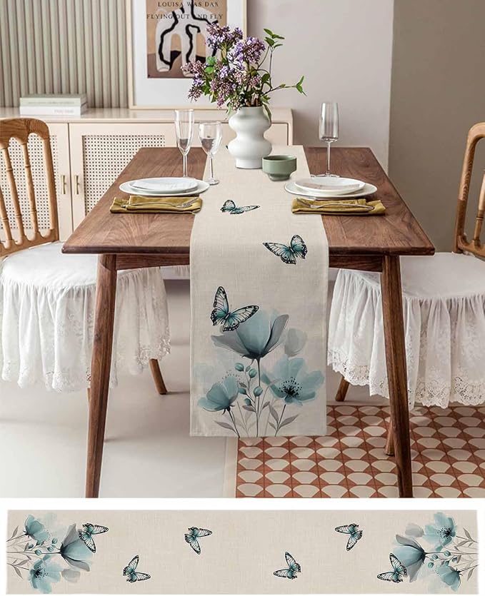 Turquoise Floral Table Runners 70 Inches Long, Spring Flowers Butterfly Table - Image 6