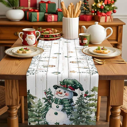 Christmas Snowman Table Runner 108 Inches Long, Xmas Trees Eucalyptus Leaves - Image 5