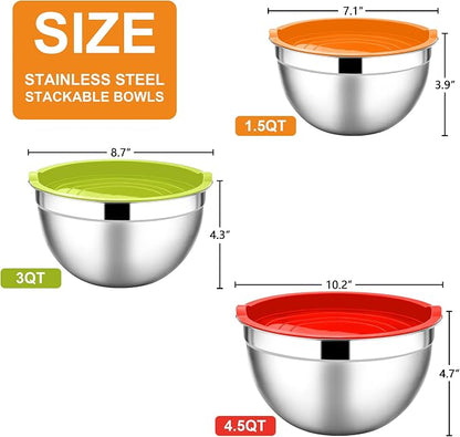 E-far Mixing Bowls with Lids, 6-Piece Stainless Steel Salad Bowls Metal Nesting - Image 2