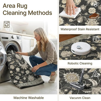 5x7 Area Rug for Living Room-Vintage Farmhouse Boho Floral Washable Stain - Image 3