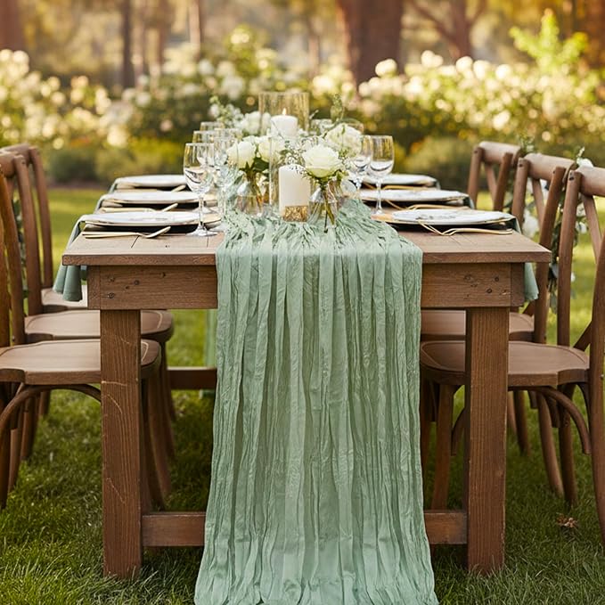 1 Pack Sage Green Cheesecloth Table Runner 120 Inch Boho Wedding Decor | - Image 7