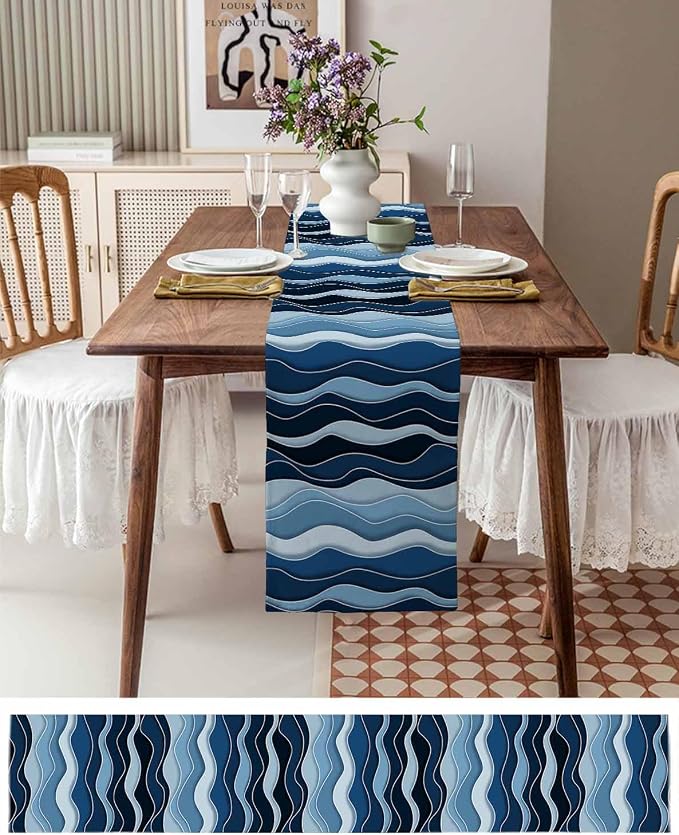 Abstract Blue Moire Table Runners 108 Inches Long, Cotton Linen Fabric Table - Image 6