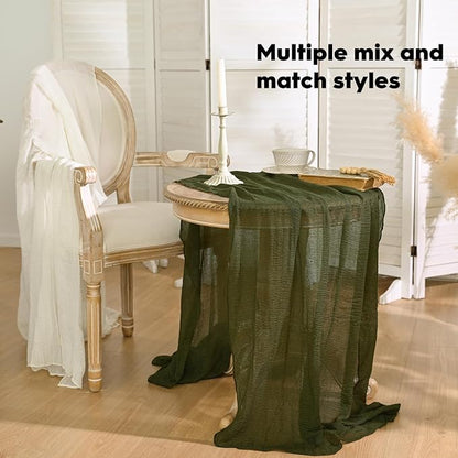 Artoid Mode 3PC Boho Cheesecloth Gauze Olive Green Wedding Table Runner - Image 5