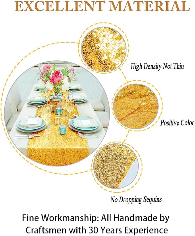 ShinyBeauty Sequin Table Runner Gold 12x72 Inch Glitz Metallic Table Cover - Image 3