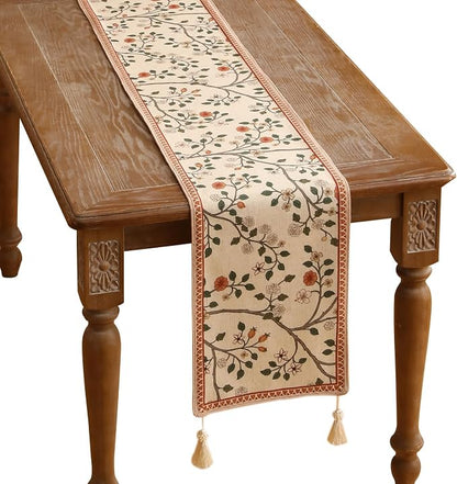 Designer French Linen Extra Long Table Runner, Floral Pattern, Dining Table by Isaennehomedecoration