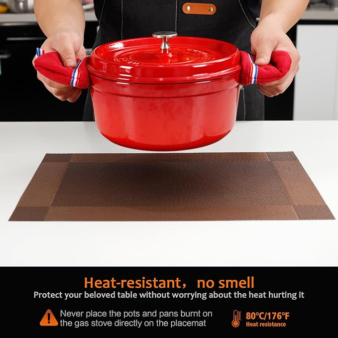 Brown Vinyl Placemats Set of 8, Heat Resistant Table Placemats | 18x12 inch - Image 4