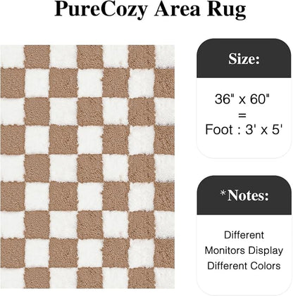 PureCozy 3x5 Area Rugs for Kids Room Brown Soft Shag Checkered Rug Modern - Image 3