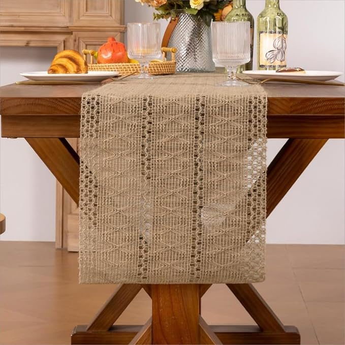 Burlap Boho Table Runner for Fall Thanksgiving Home Decor 72 Inches | Brown - Image 5