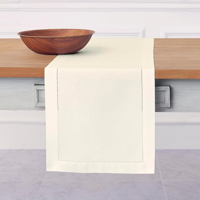 Solino Home Cotton Linen Dining Table Runner Ivory Hemstitch, 14 x 120 in | by SolinoHome