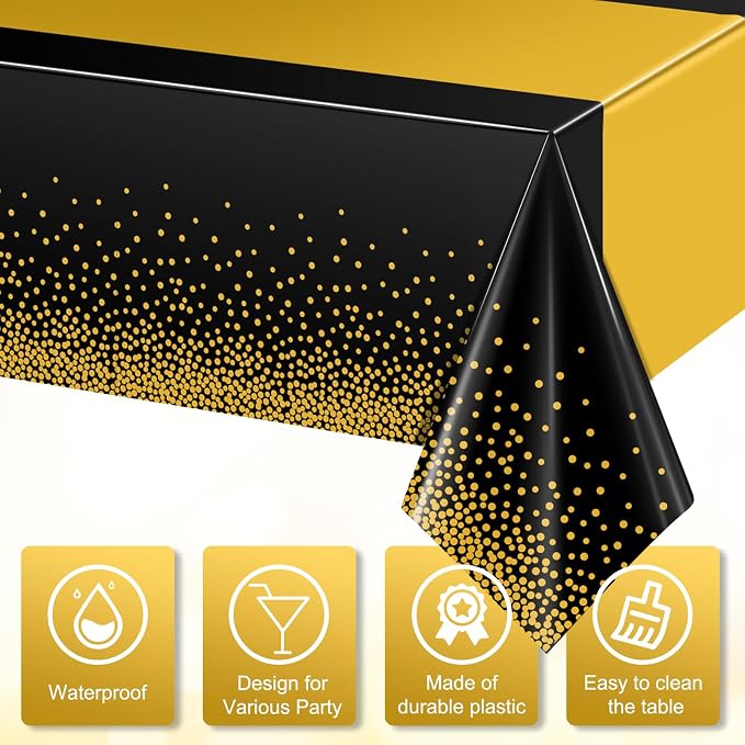 12Pcs Black and Gold Tablecloth Party Decorations, Plastic Black Table Cloth - Image 3
