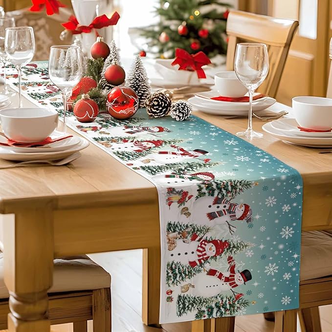 Teal Christmas Snowman Table Runner 60 Inches Long, Xmas Trees Snowflake Table - Image 9