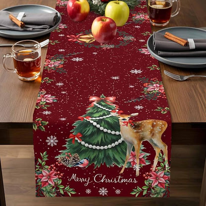 Christmas Reindeer Table Runners 120 Inches Long, Cotton Linen Fabric Red Table - Image 7