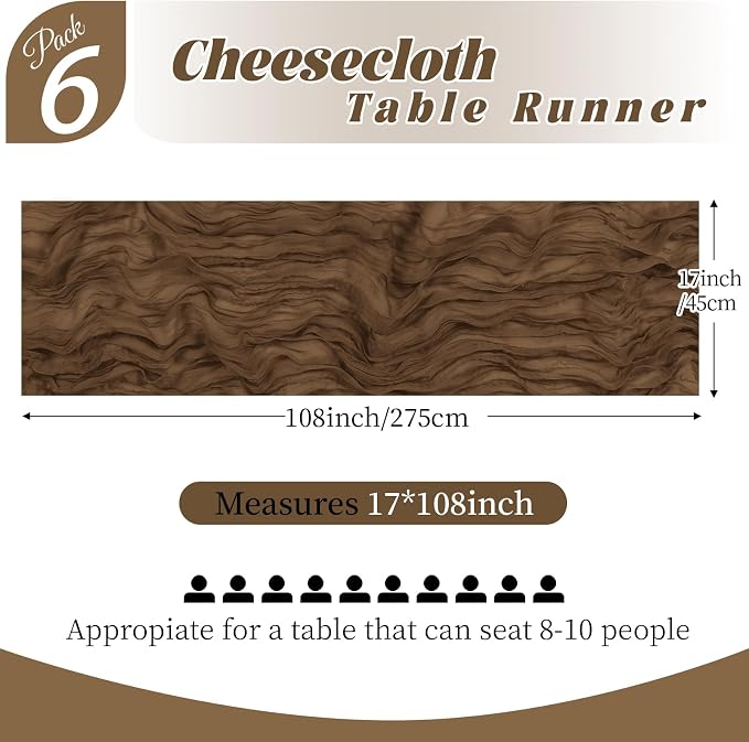 6 Pack Brown Cheesecloth Table Runner, 17 x 108 Inch, Gauze Cheese Cloth Table - Image 3