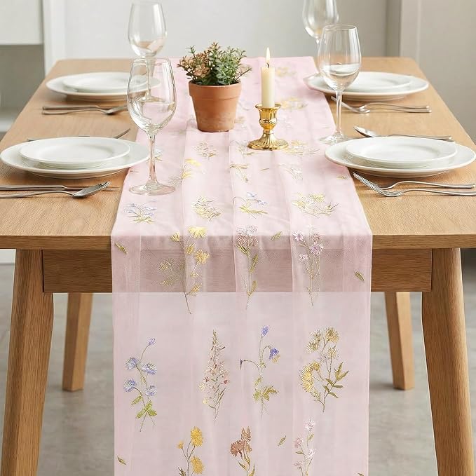 Artoid Mode Wildflower Floral Light Pink Gauze Embroidery Table Runner 120 Inch - Image 3