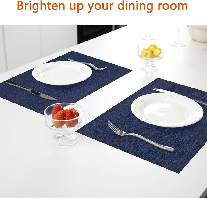 Navy Blue Vinyl Placemats Set of 8, Heat Resistant Table Placemats | 18x12 inch - Image 6