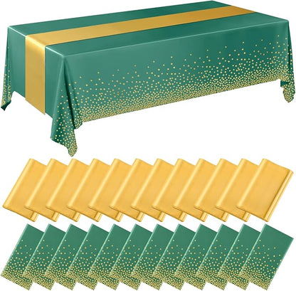 24 Pack Green and Gold Disposable Plastic Tablecloths and Satin Table Runner Set by Breling