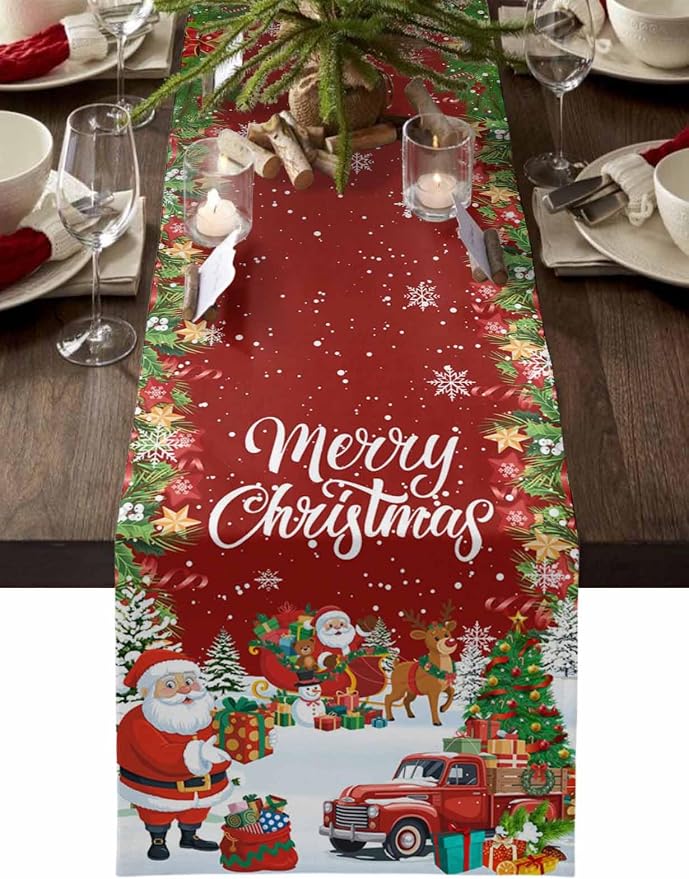 Merry Christmas Table Runner 108 Inches Long, Santa Xmas Tree Snowflake Table by Unknown