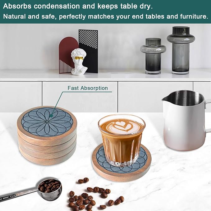 5 Pack Wood Coasters for Drinks, Minacun Absorbent Coaster Set, Drinks Coasters - Image 4