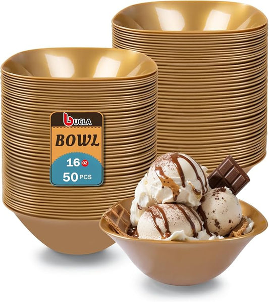 bUCLA 50Pack Gold Plastic Serving Bowls - 16oz Disposable Serving Bowls by BUCLA